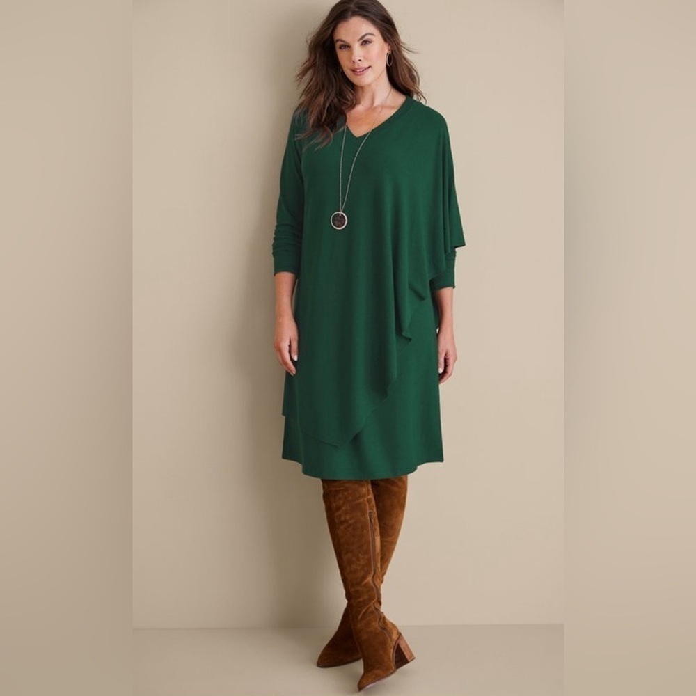 Soft Surroundings Marla Dress V-Neck Asymmetrical Overlay Jewel Green Size L
